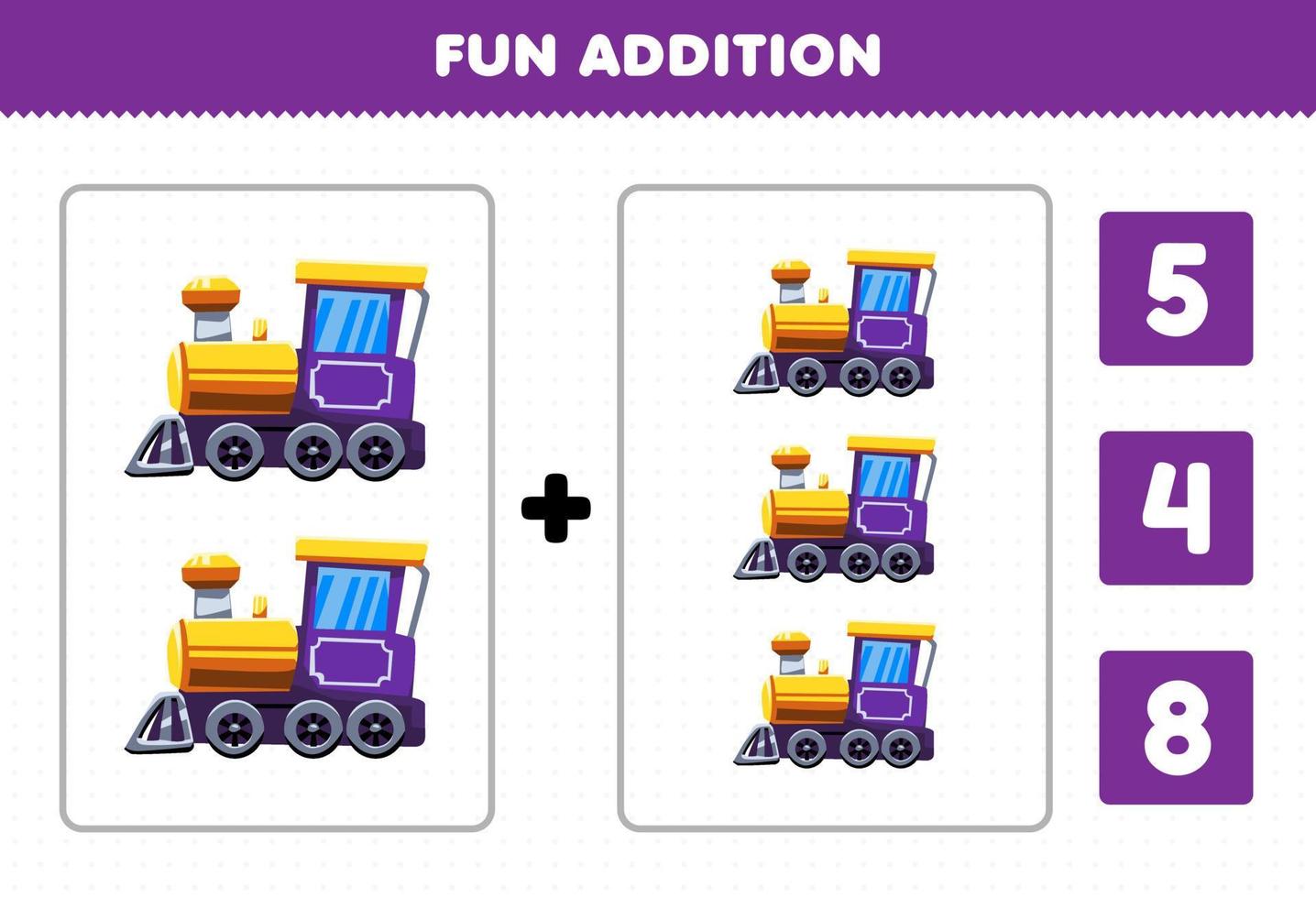 Education game for children fun addition by count and choose the correct answer of cartoon transportation train locomotive printable worksheet vector