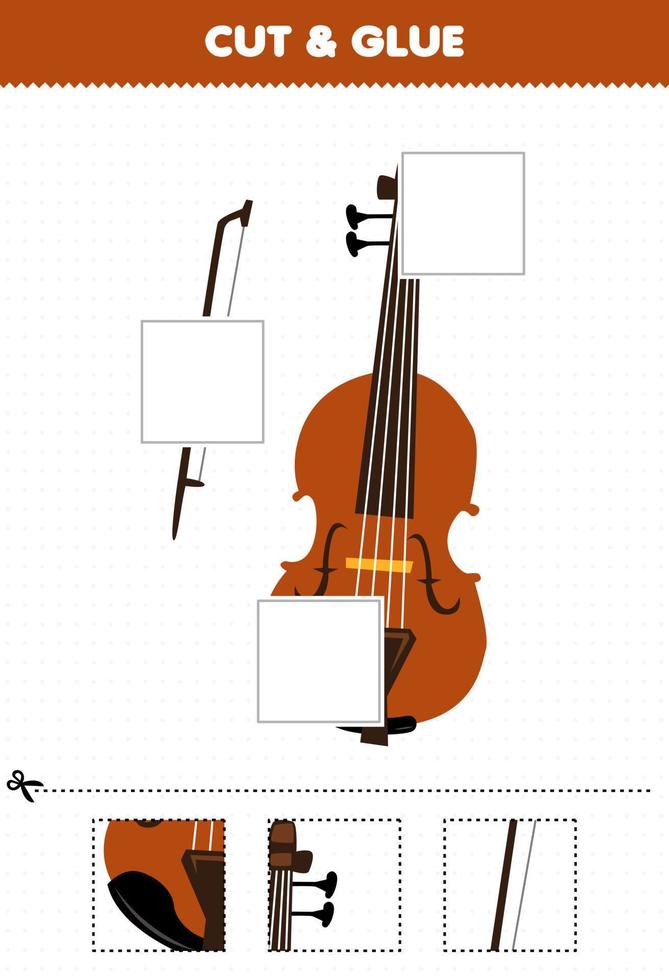 juego educativo para niños corta y pega partes cortadas de un instrumento musical de dibujos animados violín y pégalas hoja de trabajo imprimible vector