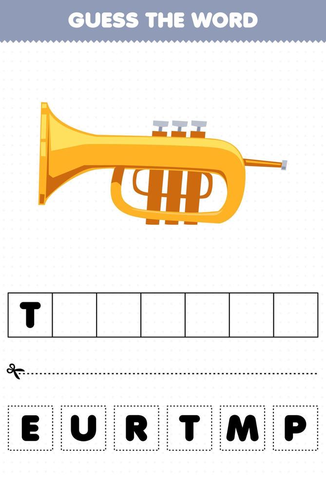 juego educativo para niños adivina la palabra letras practicando dibujos animados instrumento musical trompeta hoja de trabajo imprimible vector