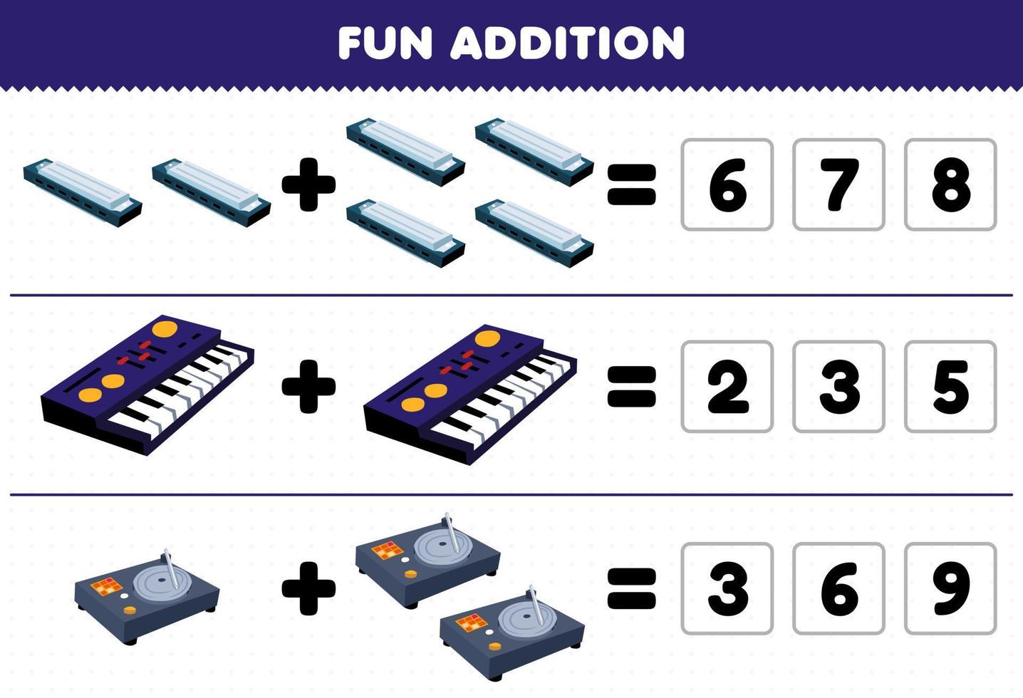 Education game for children fun addition by guess the correct number of cartoon music instrument harmonica synthesizer turntable printable worksheet vector