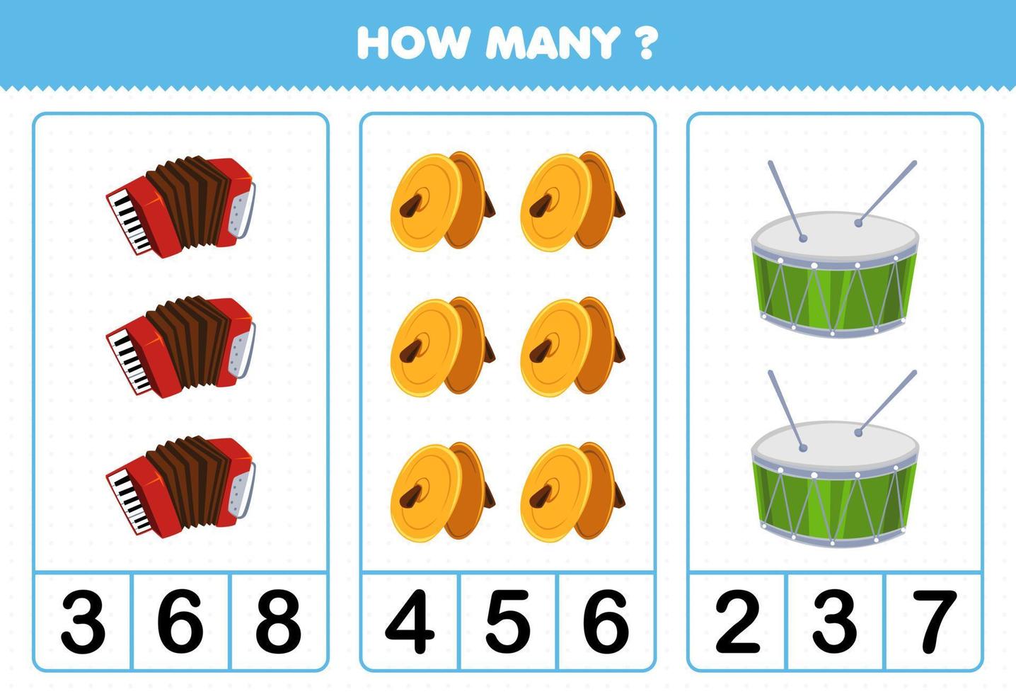 Education game for children counting how many cartoon music instrument accordion cymbals drum printable worksheet vector
