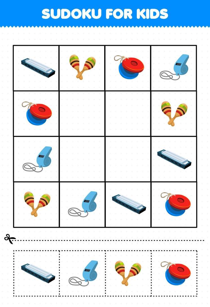 juego educativo para niños sudoku para niños con dibujos animados instrumento musical armónica maracas castañuela silbato imagen hoja de trabajo imprimible vector