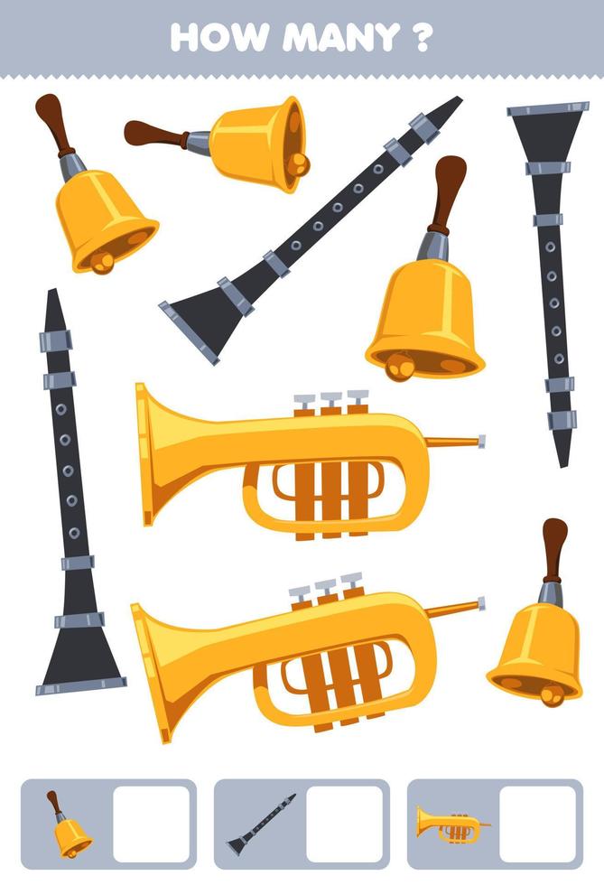 juego educativo para niños buscando y contando cuántos objetos dibujos animados instrumento musical campana clarinete trompeta hoja de trabajo imprimible vector