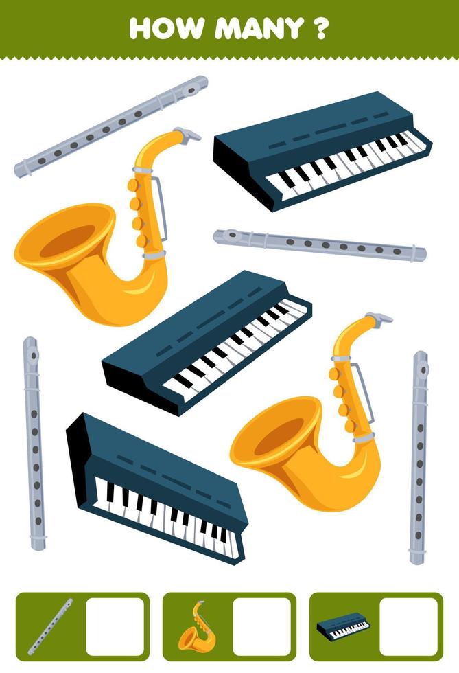 Education game for children searching and counting how many objects cartoon music instrument flute saxophone keyboard printable worksheet vector