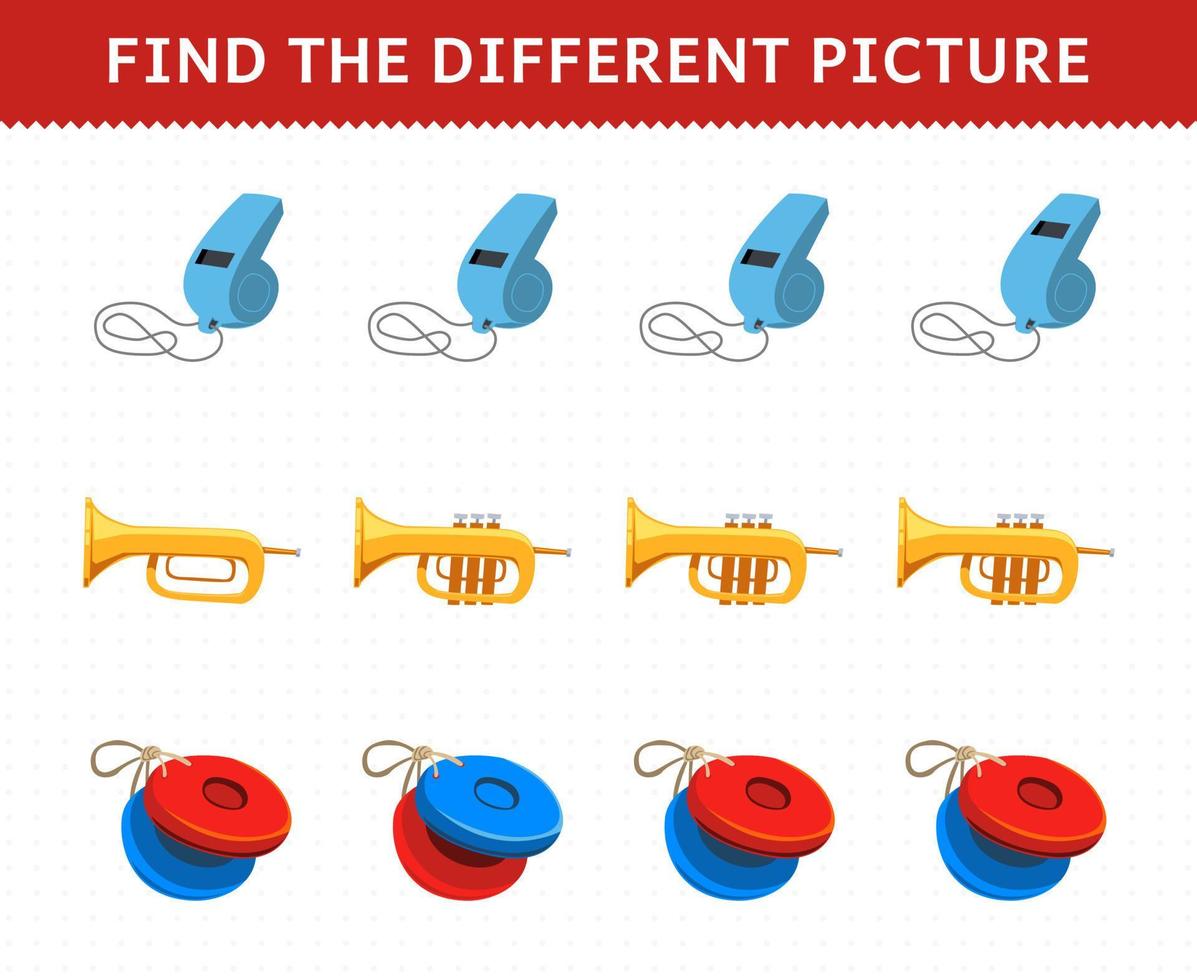 Education game for children find the different picture in each row of cartoon music instrument whistle trumpet castanet printable worksheet vector