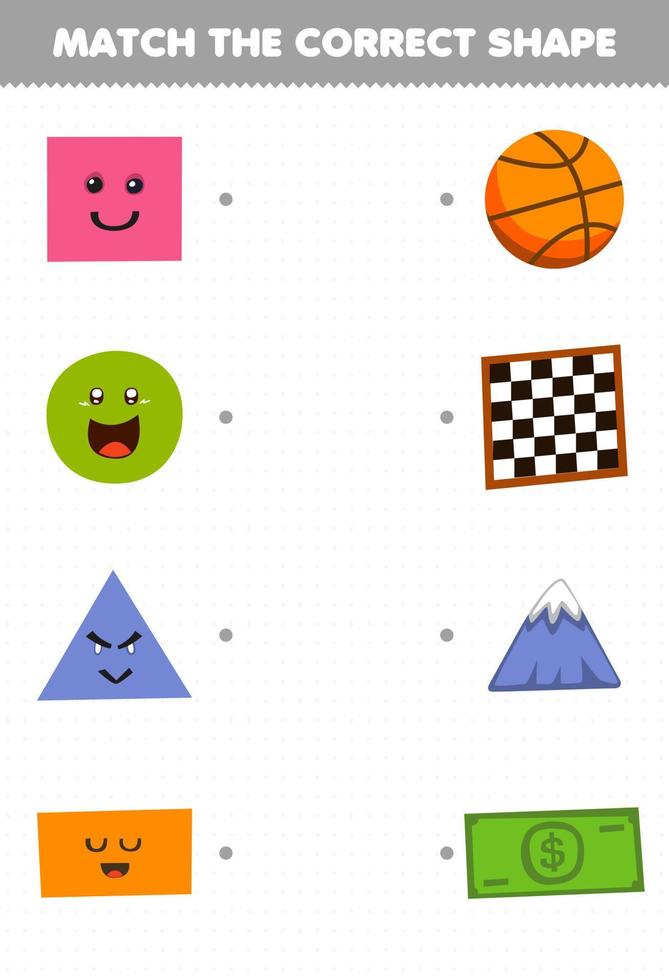 juego educativo para niños unir la forma correcta del objeto geométrico cuadrado tablero de ajedrez círculo cesta pelota triángulo montaña rectángulo papel moneda hoja de trabajo imprimible vector