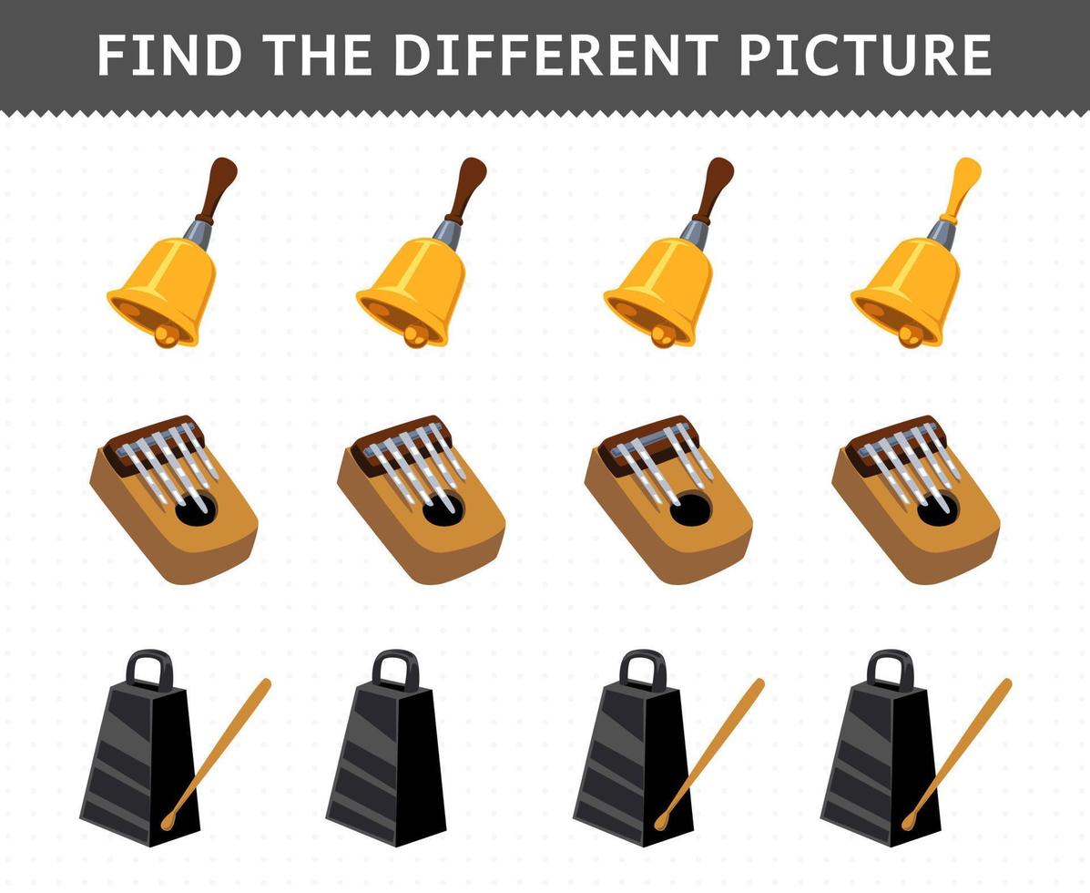 Education game for children find the different picture in each row of cartoon music instrument bell kalimba printable worksheet vector