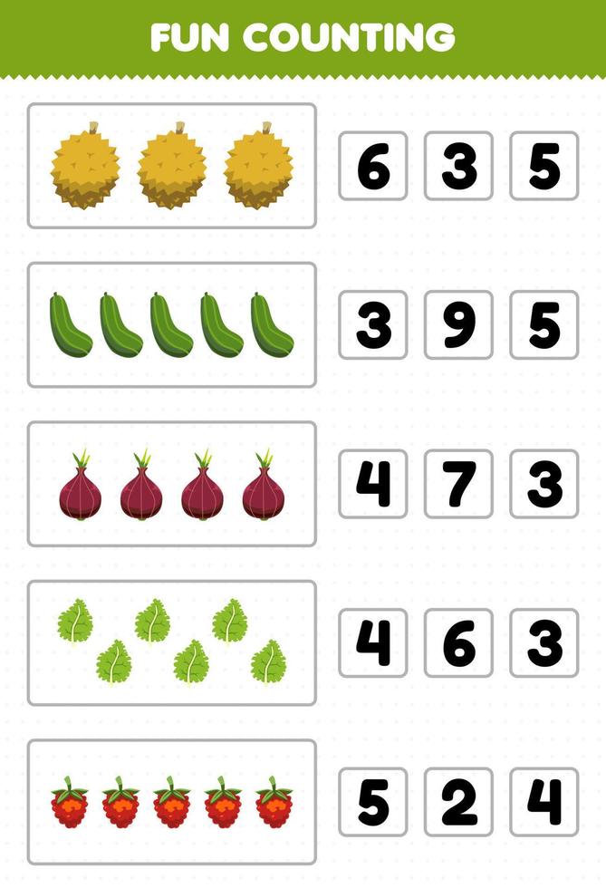 Education game for children fun counting and choosing the correct number of cartoon fruit and vegetable durian cucumber shallot kale raspberry printable worksheet vector