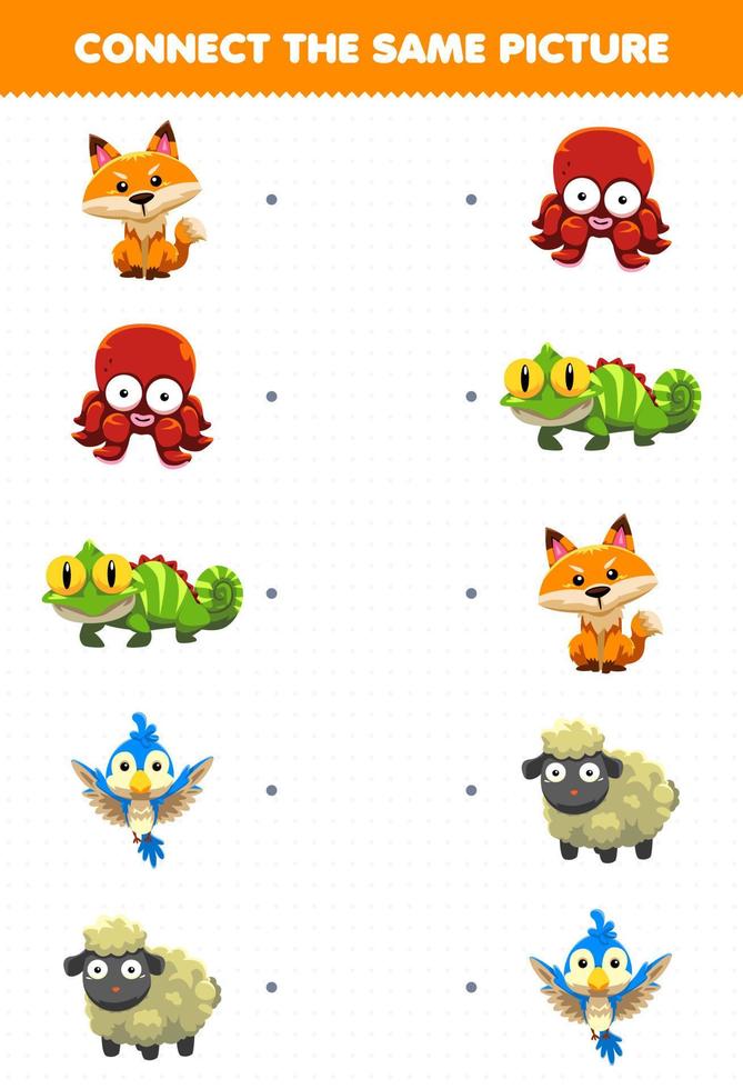 Education game for children connect the same picture of cute cartoon animal fox octopus iguana bird sheep printable worksheet vector