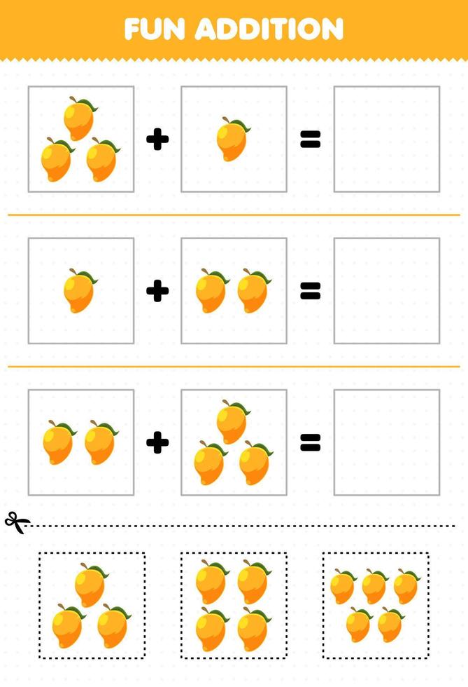 Education game for children fun addition by cut and match cartoon fruit mango pictures worksheet vector