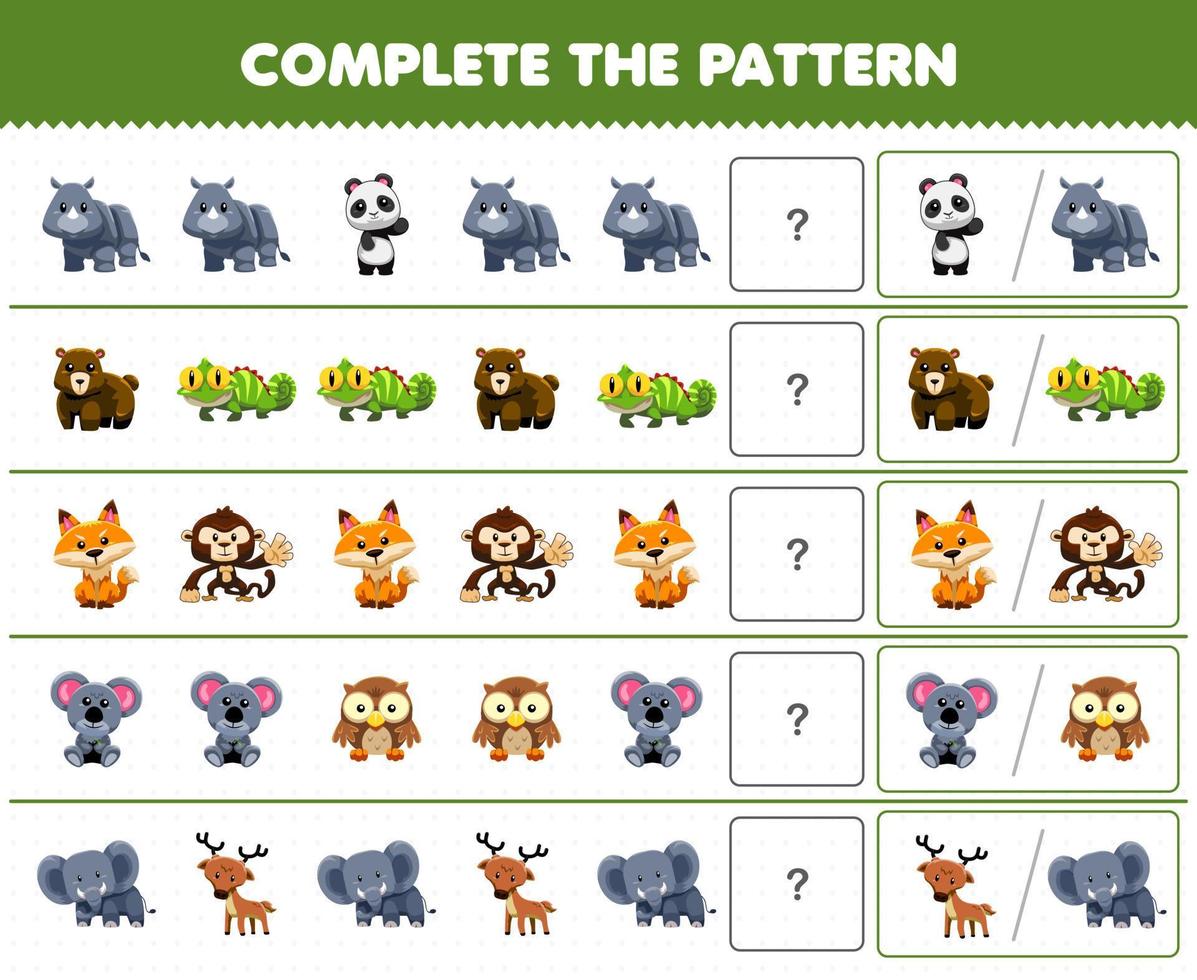 Education game for children complete the pattern by guess the correct picture of cute cartoon jungle animal printable worksheet vector