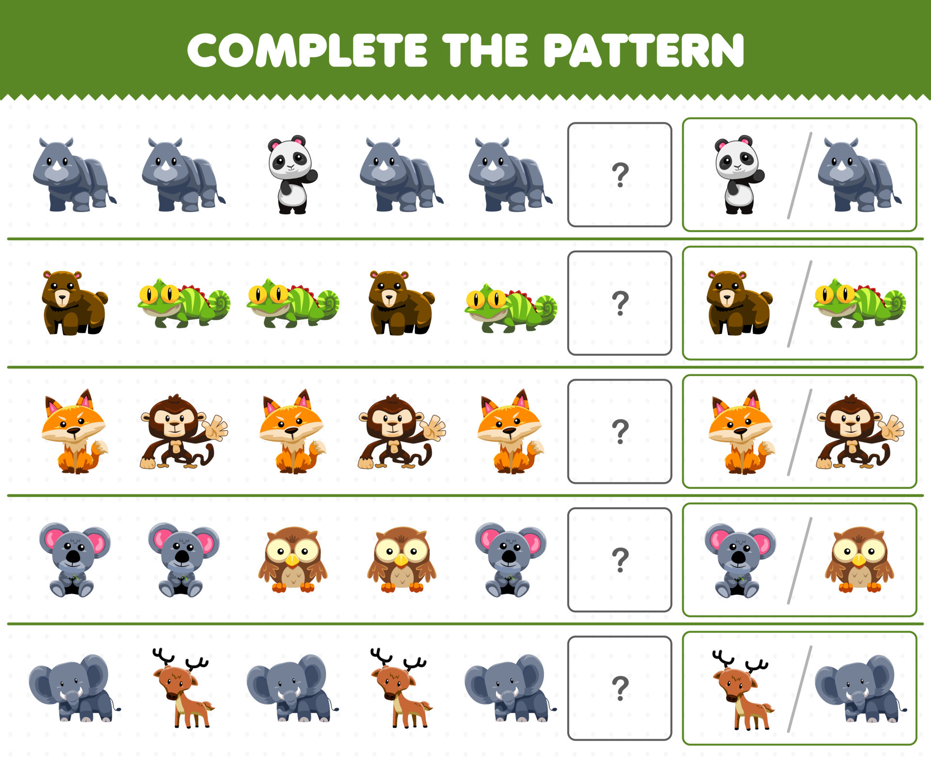 Education game for children complete the pattern by guess the correct  picture of cute cartoon jungle animal printable worksheet 9989979 Vector  Art at Vecteezy