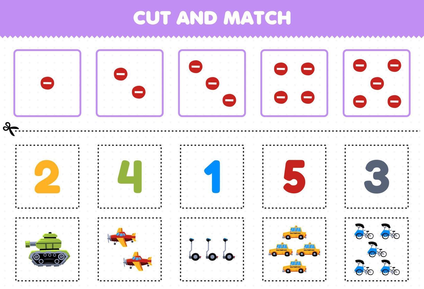 Education game for children cut and match the same number of cute cartoon transportation tank airplane segway taxi pedicab printable worksheet vector