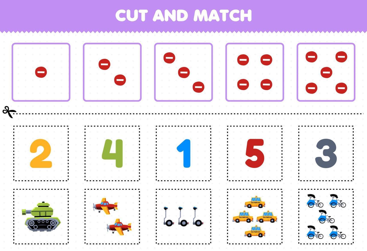 juego educativo para niños corta y combina el mismo número de lindos dibujos animados transporte tanque avión segway taxi triciclo hoja de trabajo imprimible vector