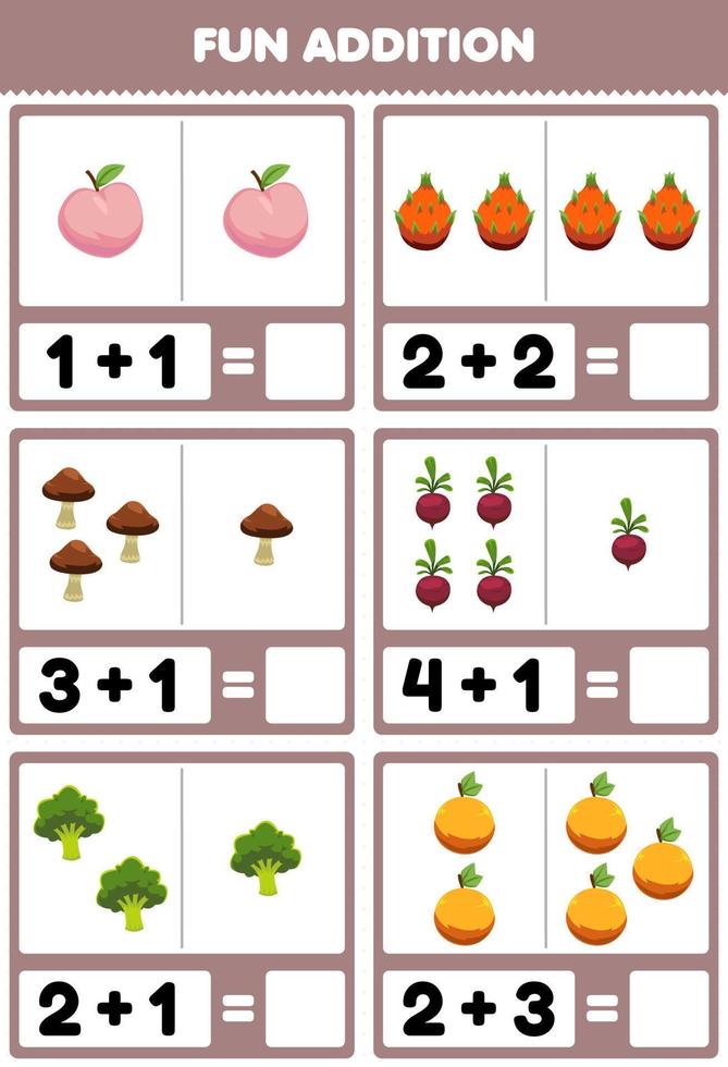 Education game for children fun addition by counting and sum cartoon peach dragon fruit mushroom beet broccoli orange pictures worksheet vector