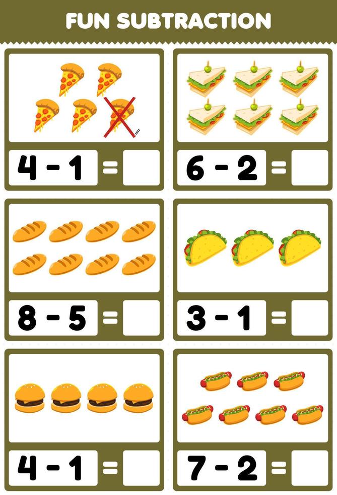 Education game for children fun subtraction by counting and eliminating cartoon food pizza sandwich bread taco burger hotdog worksheet vector