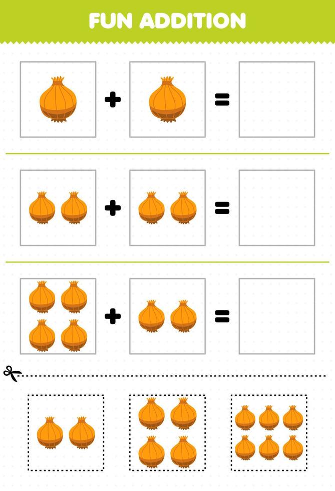 Education game for children fun addition by cut and match cartoon vegetable onion pictures worksheet vector