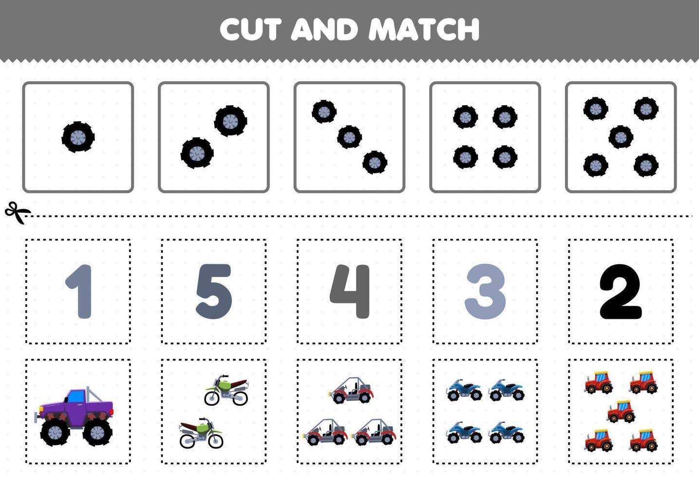 juego educativo para niños corta y combina el mismo número de lindos dibujos animados transporte todoterreno camión monstruo motocross buggy coche cuadriciclo tractor hoja de trabajo imprimible vector