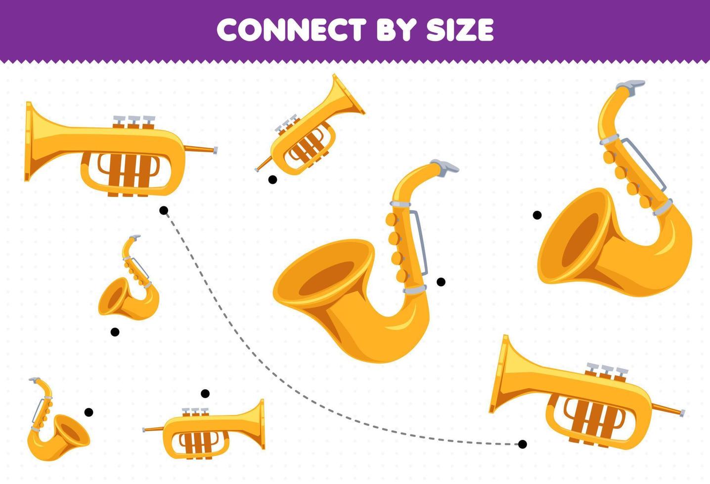 Educational game for kids connect by the size of cartoon music instrument trumpet and saxophone printable worksheet vector