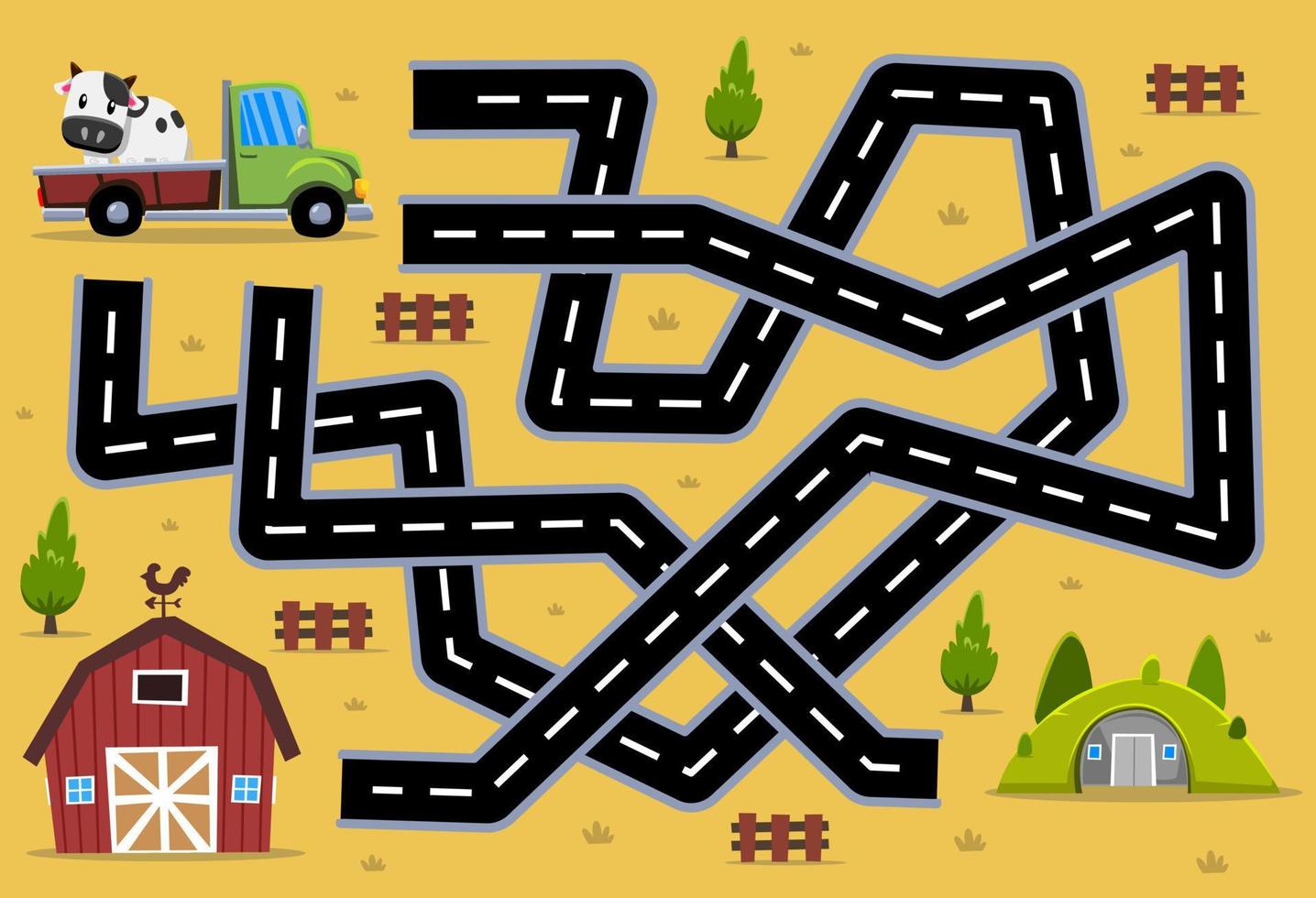 juego de rompecabezas de laberinto para niños ayuda a la camioneta de transporte de dibujos animados a encontrar el camino correcto al granero o al refugio vector