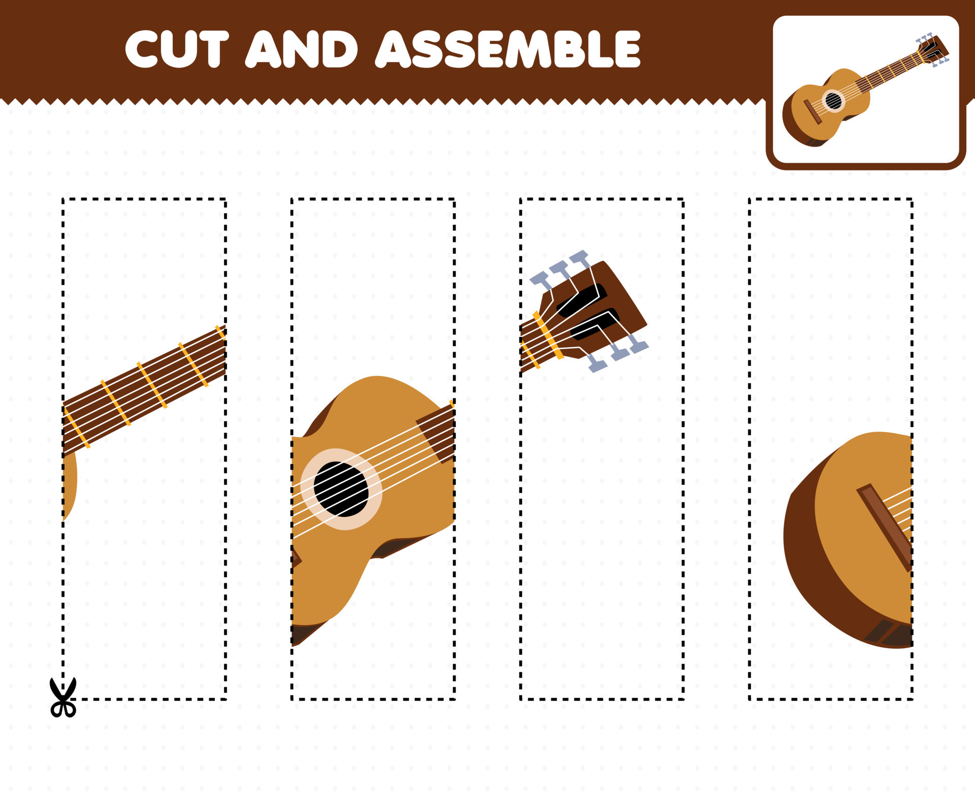 juego educativo para niños práctica de corte y armar con dibujos animados instrumento musical guitarra hoja de imprimible 9990001 Vector en Vecteezy
