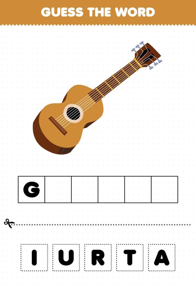 juego educativo para niños adivina la palabra letras practicando dibujos animados instrumento musical guitarra hoja de trabajo imprimible vector