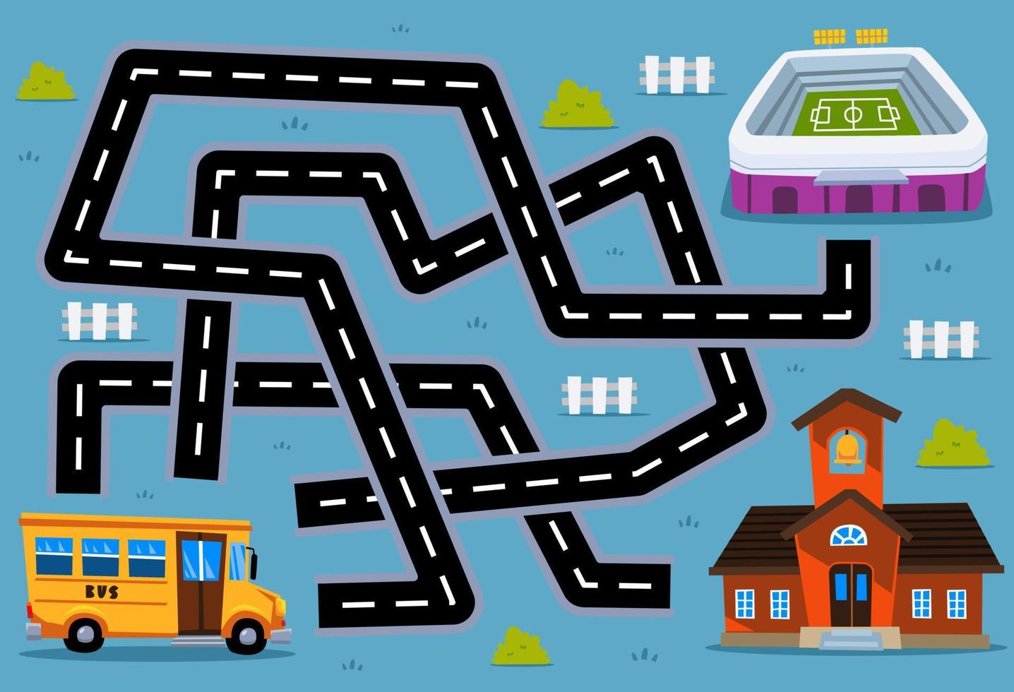 juego de rompecabezas de laberinto para niños ayuda al autobús de transporte de dibujos animados a encontrar el camino correcto a la escuela o al estadio vector