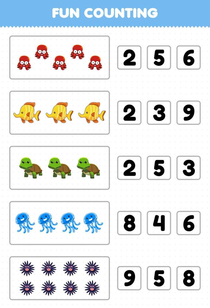 Education game for children fun counting and choosing the correct number of cute cartoon underwater animal octopus fish turtle jellyfish urchin printable worksheet vector