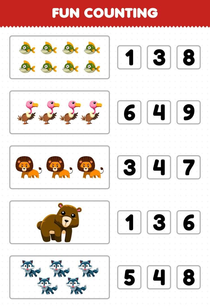 Education game for children fun counting and choosing the correct number of cute cartoon carnivore animal piranha vulture lion bear wolf printable worksheet vector