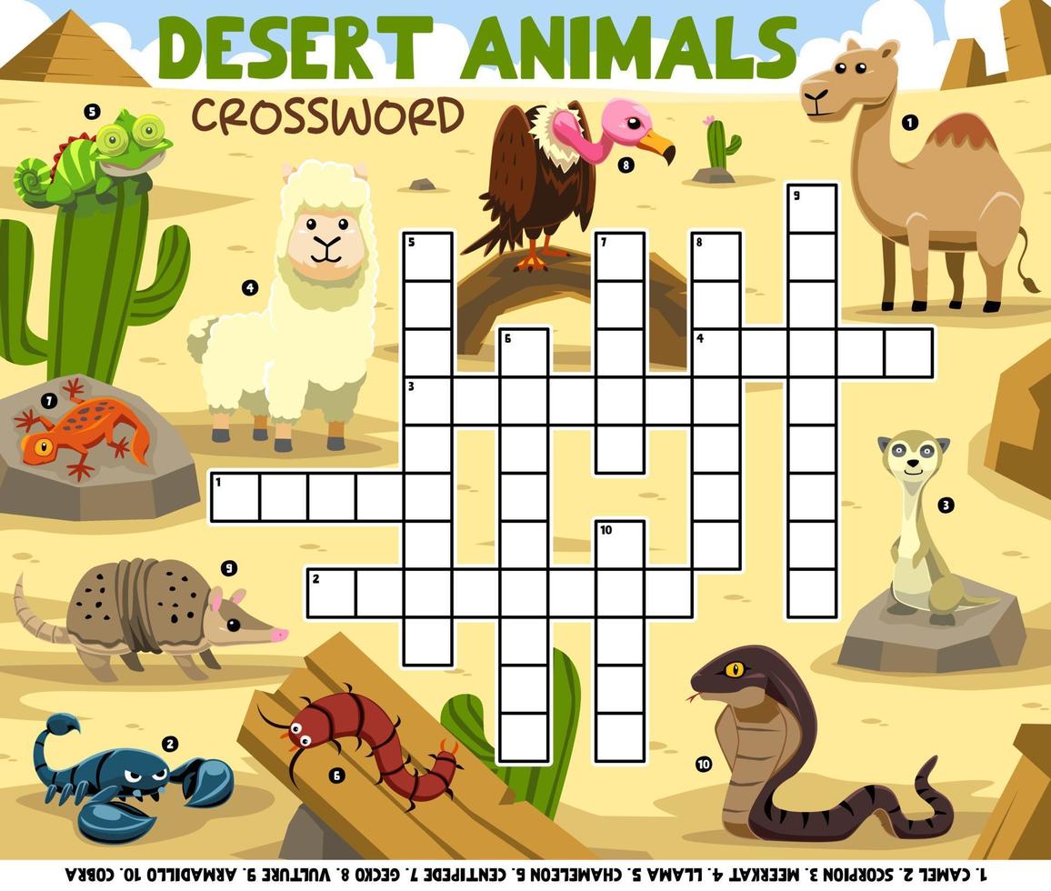 juego de educación crucigrama para aprender palabras en inglés con dibujos animados lindos animales del desierto imagen hoja de trabajo imprimible vector