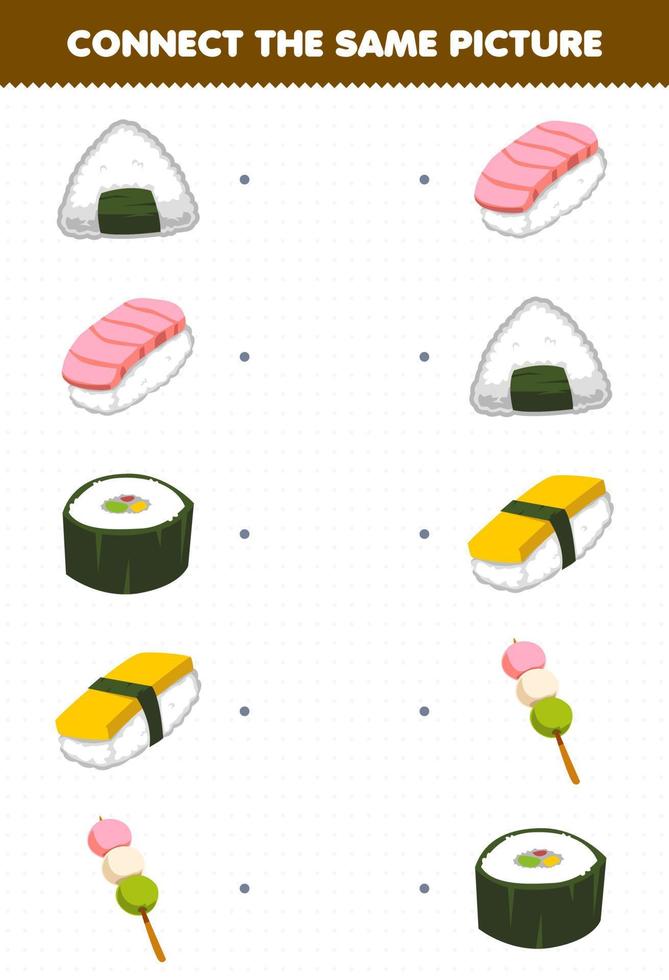 Education game for children connect the same picture of cartoon japanese food onigiri sushi dango printable worksheet vector