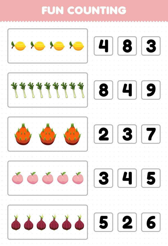 Education game for children fun counting and choosing the correct number of cartoon fruit and vegetable lemon leek dragon fruit peach shallot printable worksheet vector