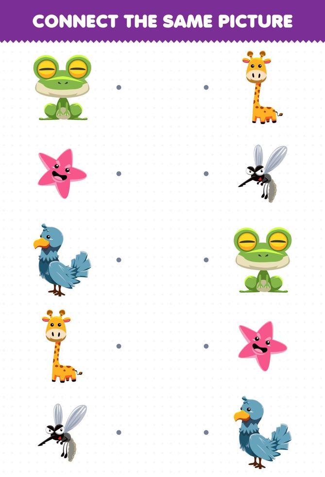 Education game for children connect the same picture of cute cartoon animal frog starfish dove giraffe mosquito printable worksheet vector