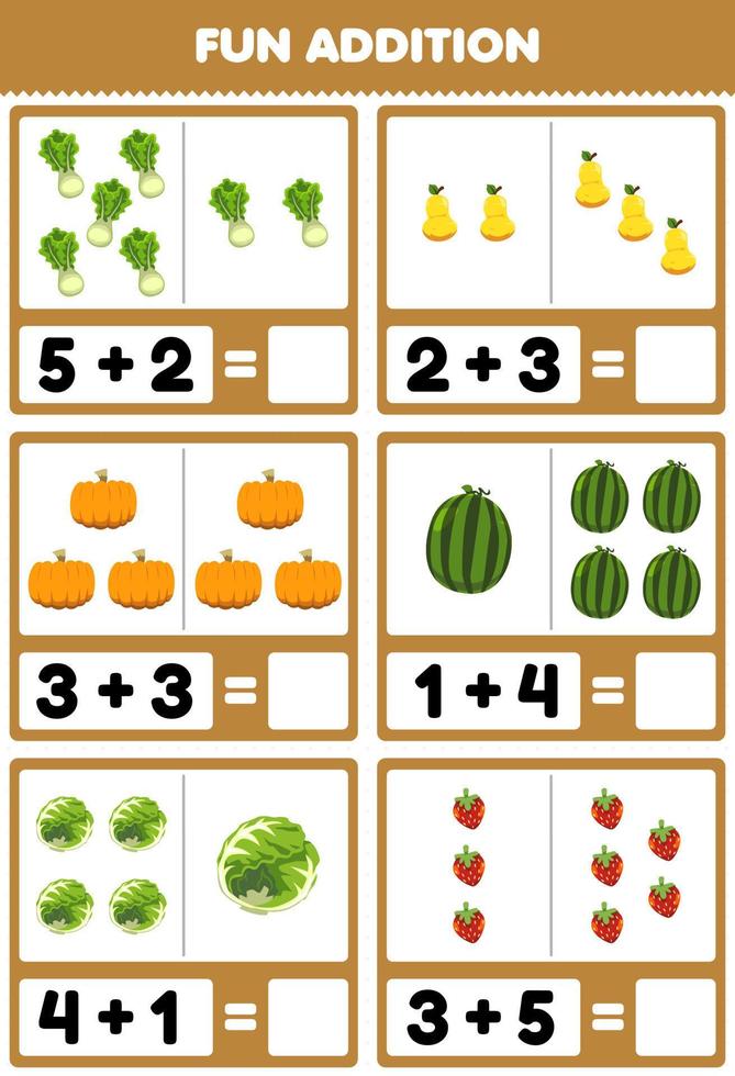 juego educativo para niños suma divertida contando y sumando dibujos animados lechuga pera calabaza sandía repollo fresa imágenes hoja de trabajo vector