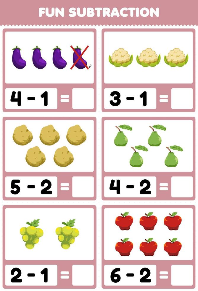 Education game for children fun subtraction by counting and eliminating cartoon fruits and vegetables eggplant cauliflower potato guava grape apple worksheet vector