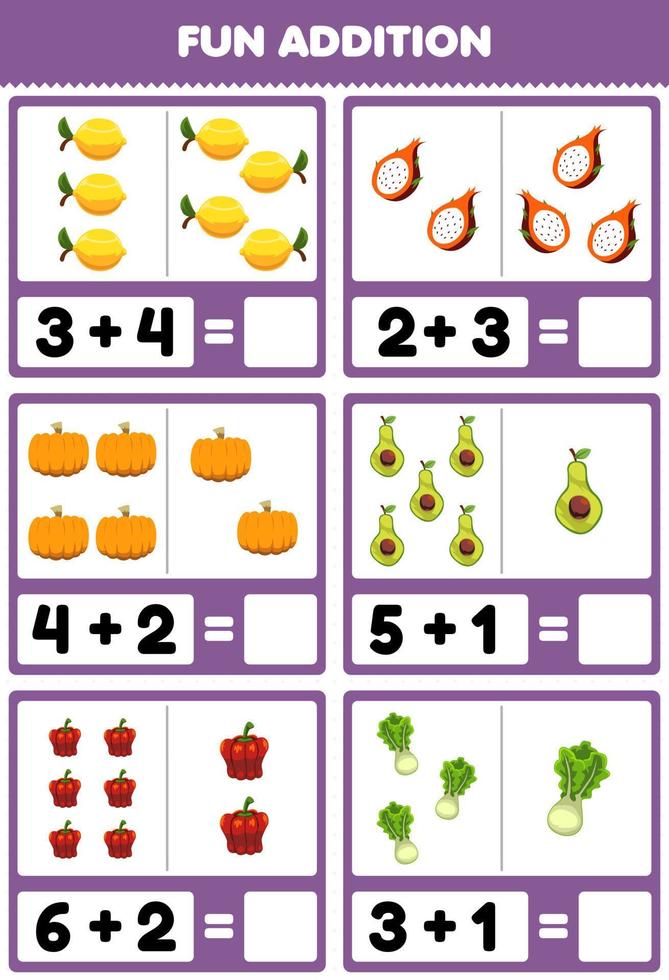 Education game for children fun addition by counting and sum cartoon lemon dragon fruit pumpkin avocado paprika lettuce pictures worksheet vector