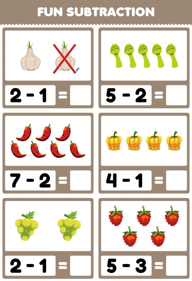 Education game for children fun subtraction by counting and eliminating cartoon fruits and vegetables garlic asparagus chilli paprika grape raspberry worksheet vector