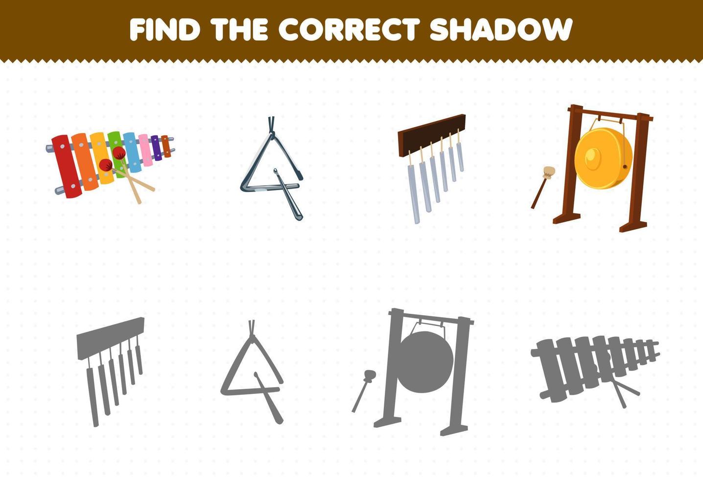 Education game for children find the correct shadow set of cartoon music instrument xylophone triangle chimes gong vector