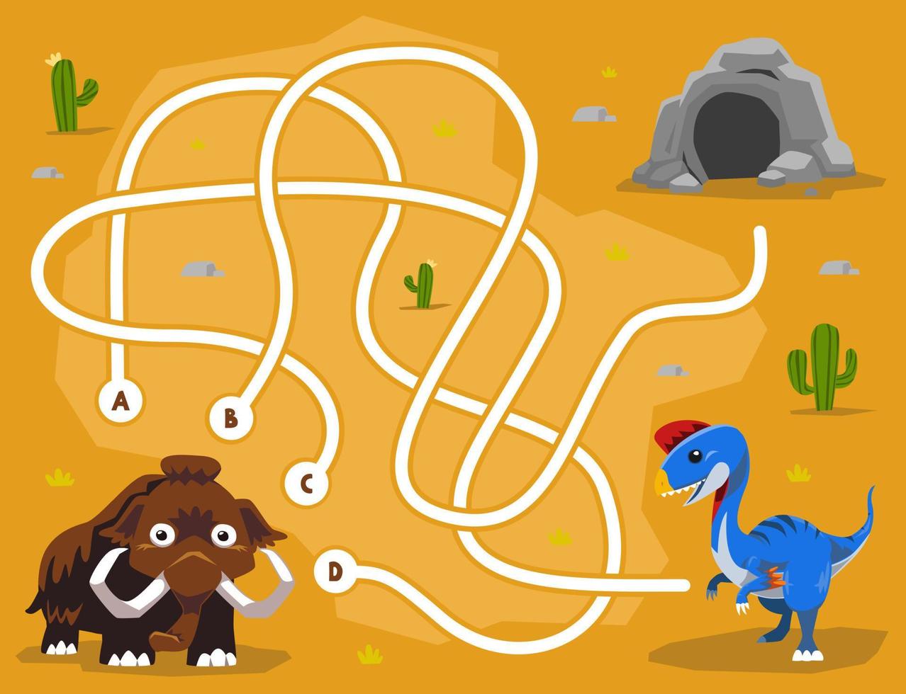 Maze puzzle game for children with cute cartoon prehistoric dinosaur oviraptor mammoth and cave vector