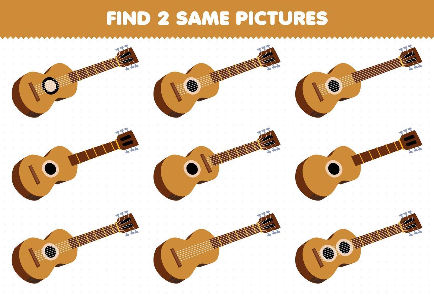 juego educativo para niños encontrar dos imágenes iguales dibujos animados instrumento musical guitarra hoja de trabajo imprimible vector