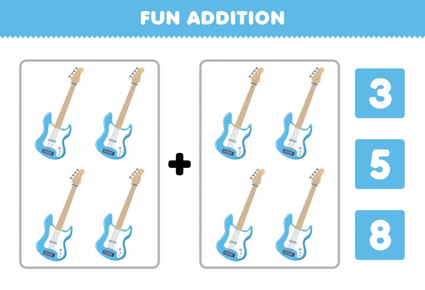 Education game for children fun addition by count and choose the correct answer of cartoon music instrument bass printable worksheet vector