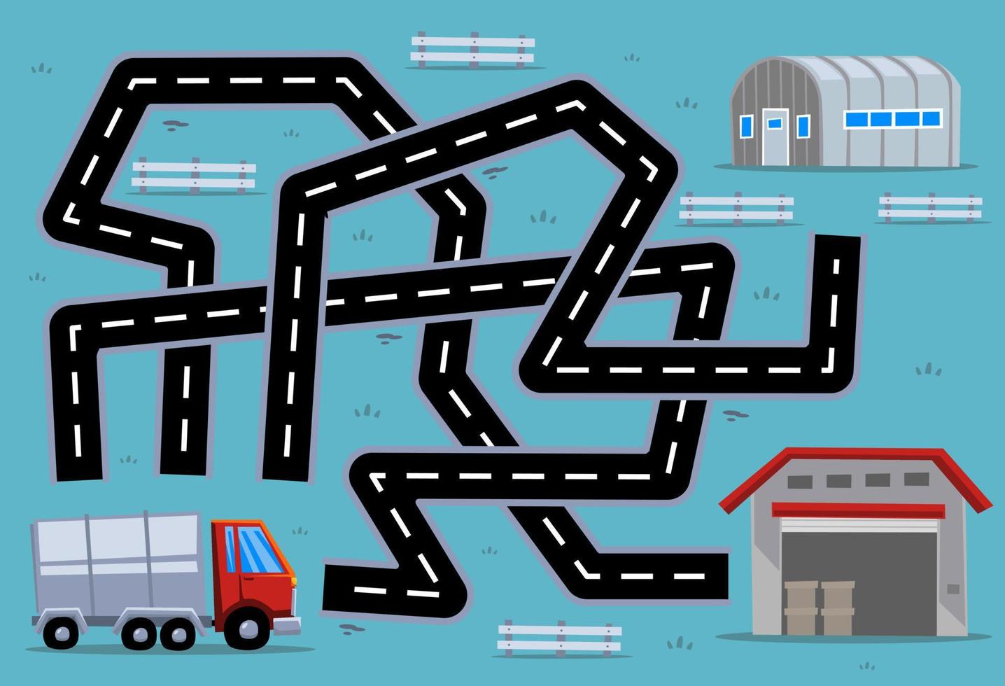 juego de rompecabezas de laberinto para niños ayuda al camión de transporte de dibujos animados a encontrar el camino correcto al almacén o al cuartel vector