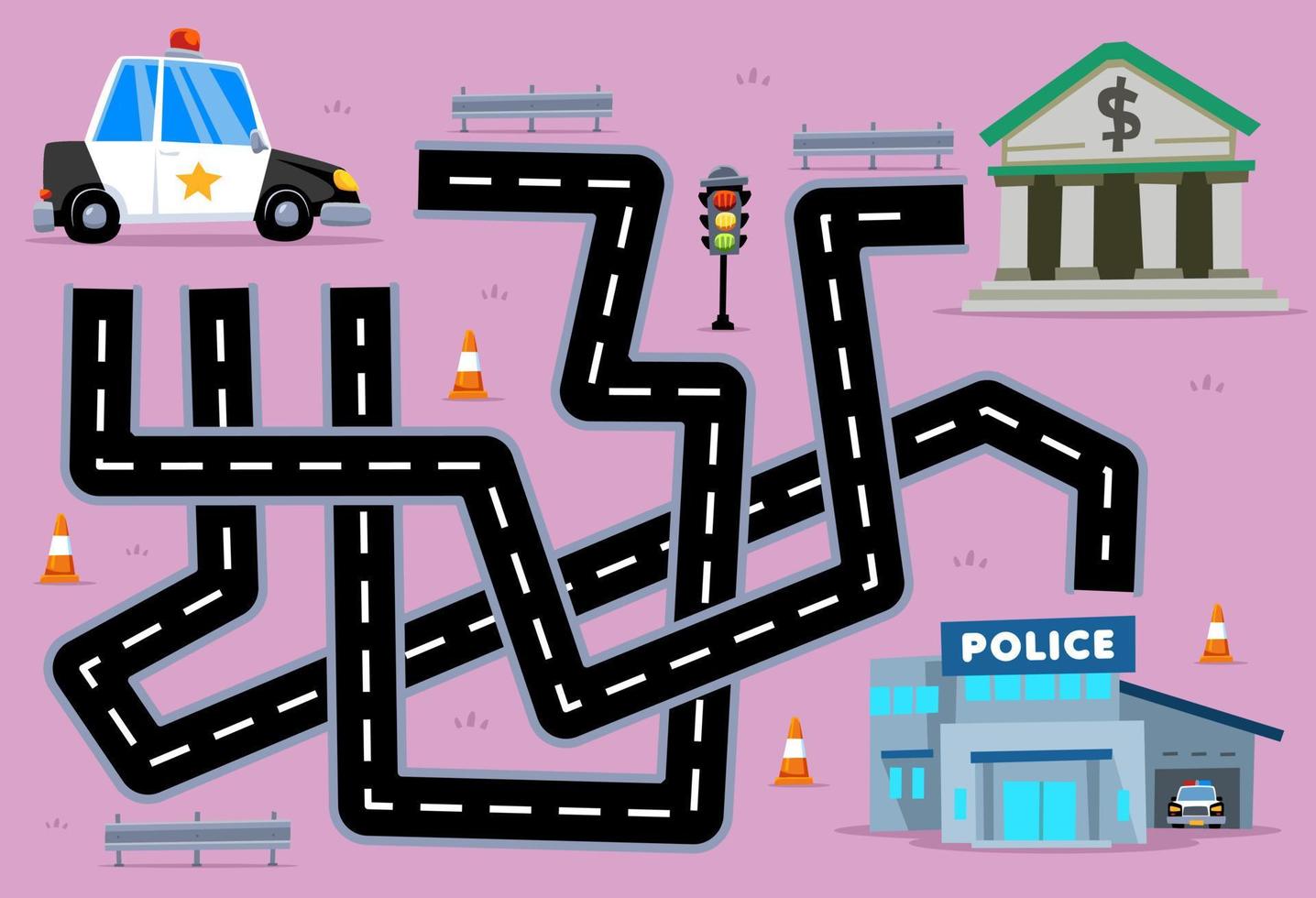 Maze puzzle game for children help cartoon rescue transportation police car find the right path to the bank or police station vector