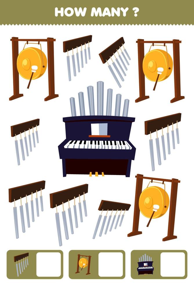 juego educativo para niños buscando y contando cuántos objetos dibujos animados instrumento musical campanas gong órgano hoja de trabajo imprimible vector