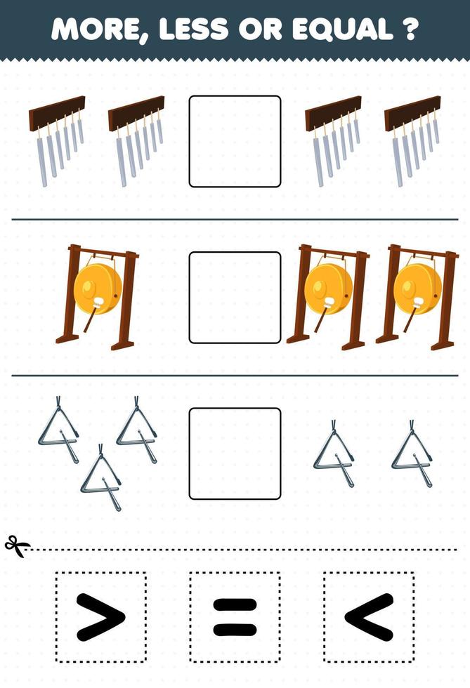 juego educativo para niños más menos o igual contar la cantidad de dibujos animados instrumento musical campanillas gong triángulo luego cortar y pegar cortar el signo correcto vector