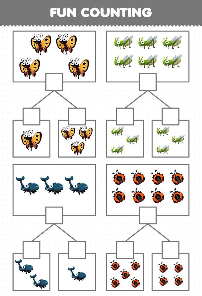 juego educativo para niños diversión contando imagen en cada caja de dibujos animados lindo insecto animal mariposa saltamontes escarabajo mariquita hoja de trabajo imprimible vector