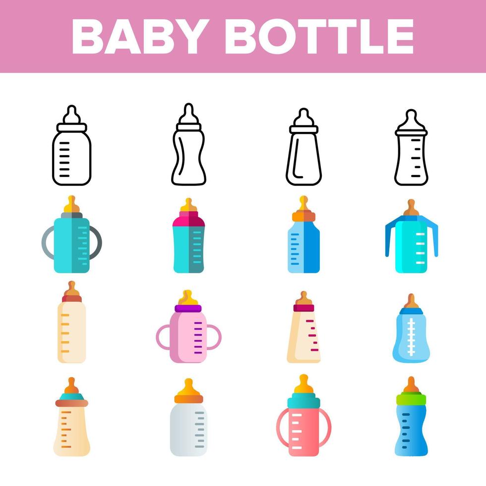 Baby Bottle, Childcare Equipment Vector Linear Icons Set
