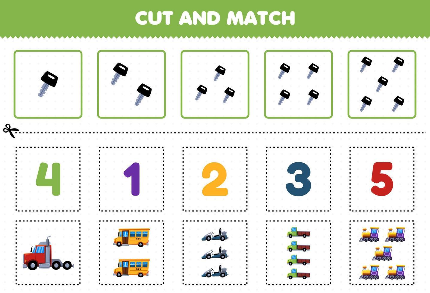 Education game for children cut and match the same number of cute cartoon land transportation truck bus train locomotive printable worksheet vector