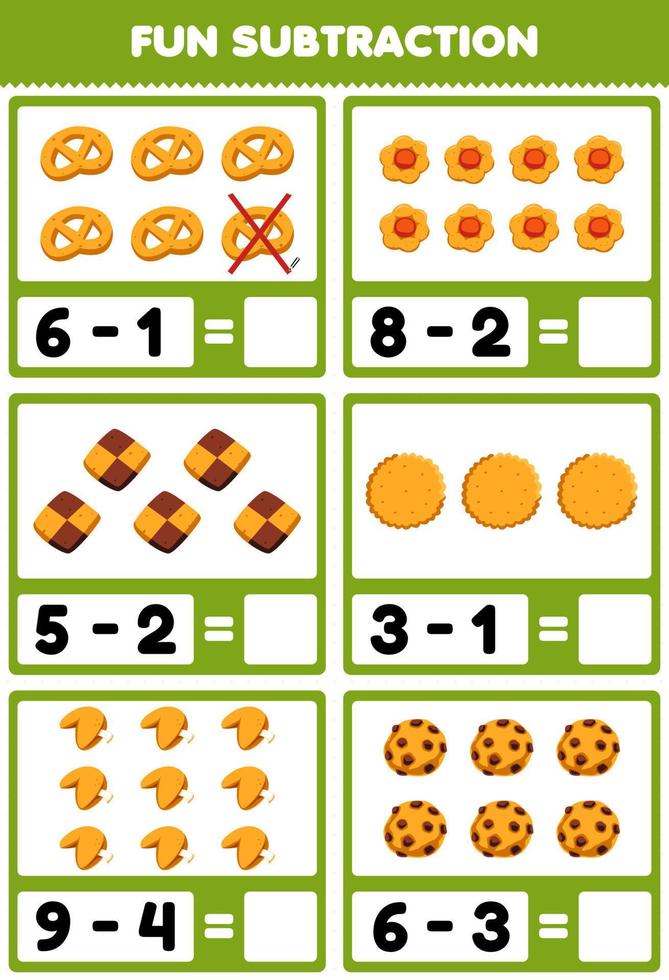 Education game for children fun subtraction by counting and eliminating cartoon food biscuit worksheet vector