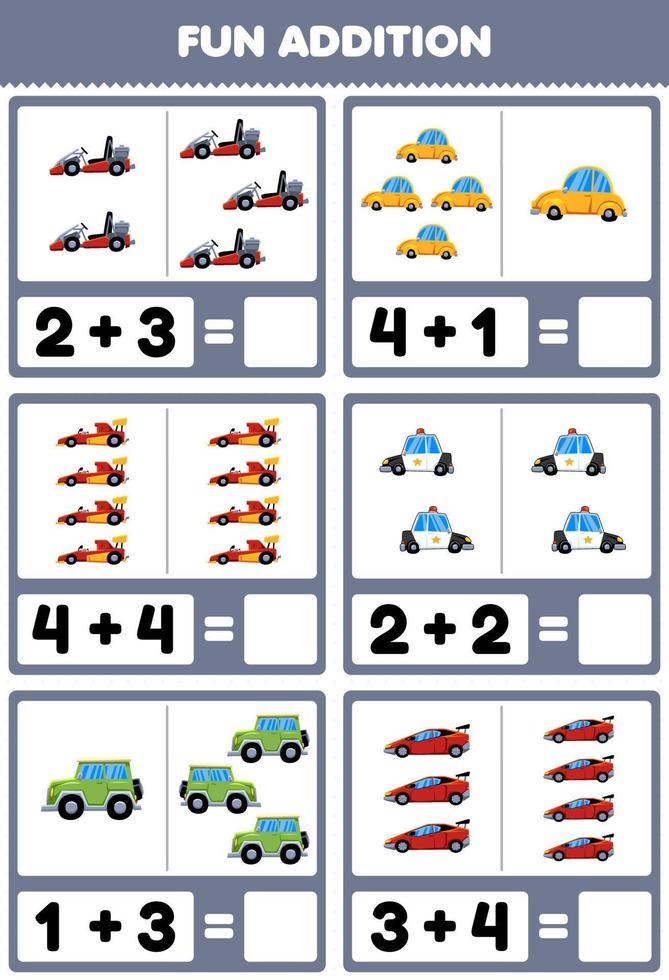 Education game for children fun addition by counting and sum cute cartoon land transportation pictures worksheet vector